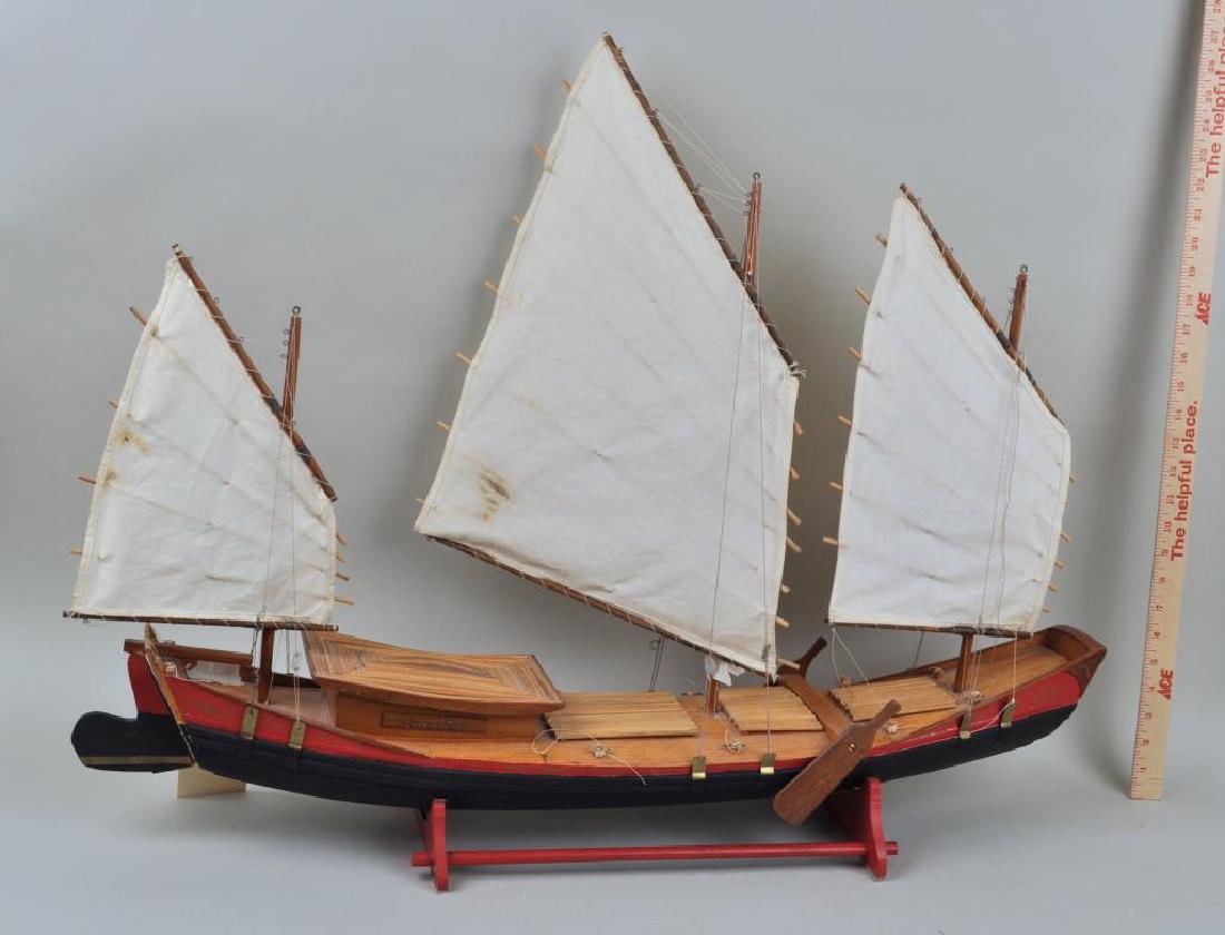 Folk Art Carved Wood Junk: by Harold Levy, Southbury, CT. Mr. Levy began making ship models when he moved to Heritage Village. He built the models with no kits or plans and many of them were sailed at the Heritage Village Regat