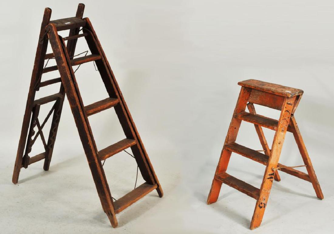 Two Vintage Pine Step Ladders: a primitive pine and metal library ladder, c. 1900, together with a vintage country pine step ladder 19th/20th C, in old red paint. Use, finish and paint wear, stains. Largest: 48 3/4" high, 12 1/2" w