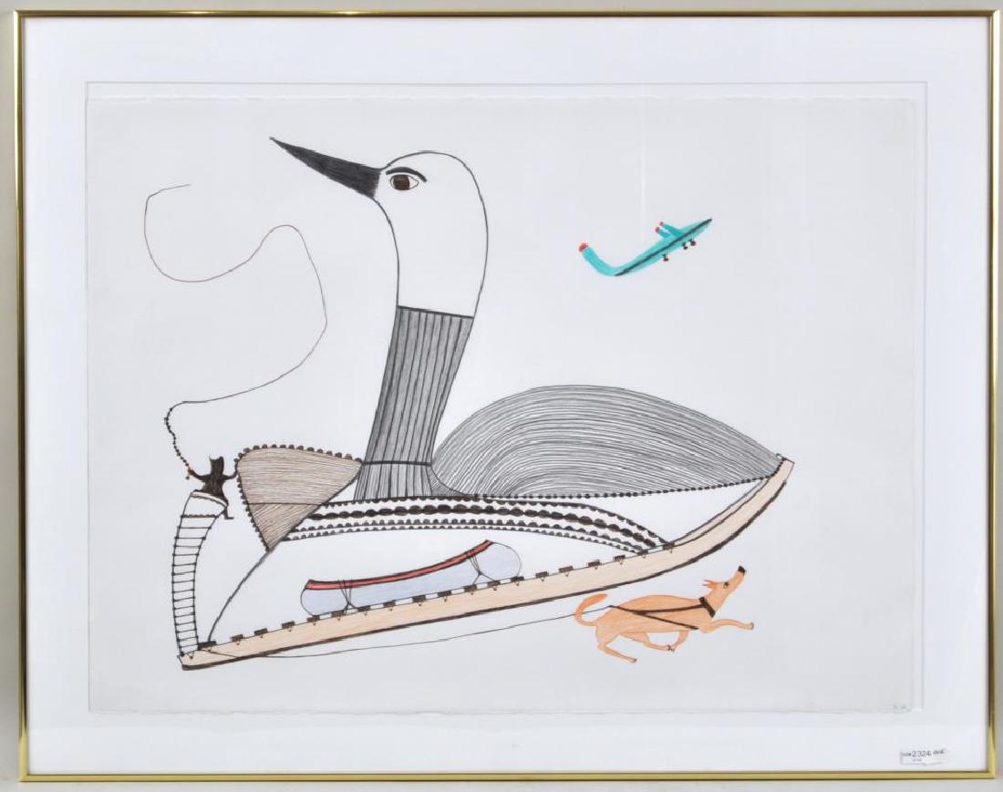Pudlo Pudlet, Inuit Ink Drawing: (Nunavut/Canada, 1916-1992), initialed, sheet slipped in frame. Framed, not examined out of frame. Frame size: 28 1/4" high, 36" wide. Provenance: Property of a Southbury CT Estate.