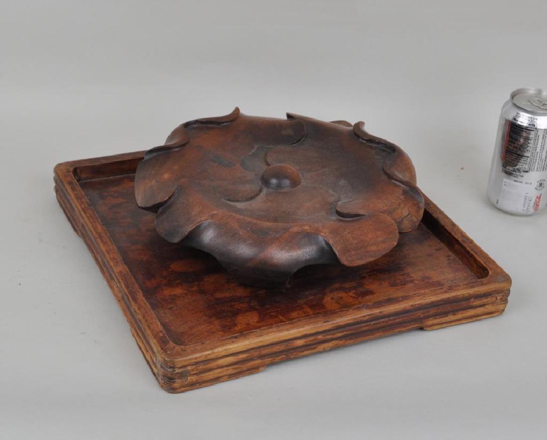 Asian Carved Hardwood Stand & Tray: Largest: 13" high, 13" wide. Some finish wear, loss. Provenance: Property of a Westport CT Estate.