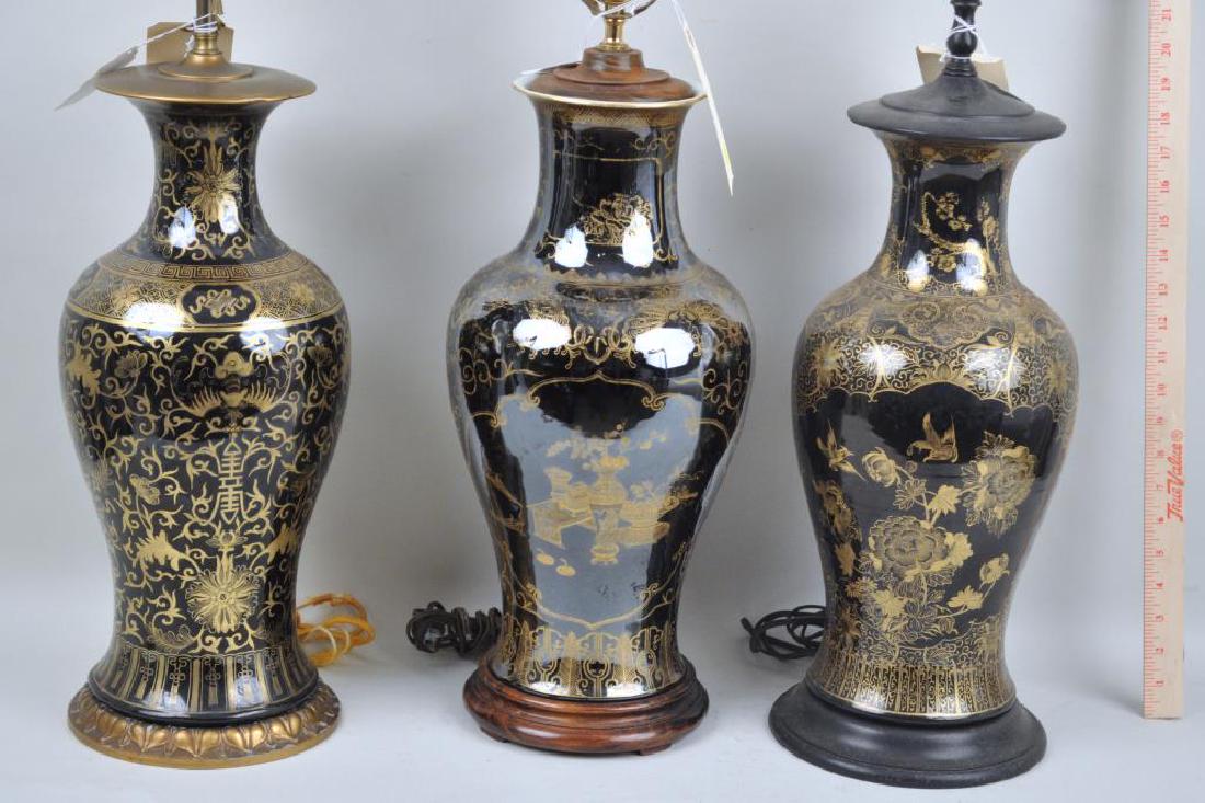 Three Chinese Black Ground/Gilt Table Lamps (1 of 3)