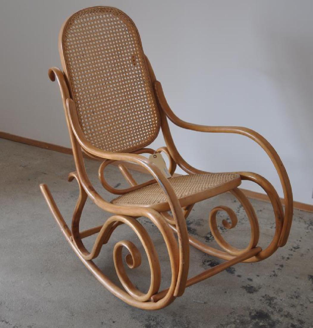 Vintage Bentwood Rocker: 40" high, 20" wide, 40" long. Some wear and scuffs. Provenance: from a Setauket NY estate.