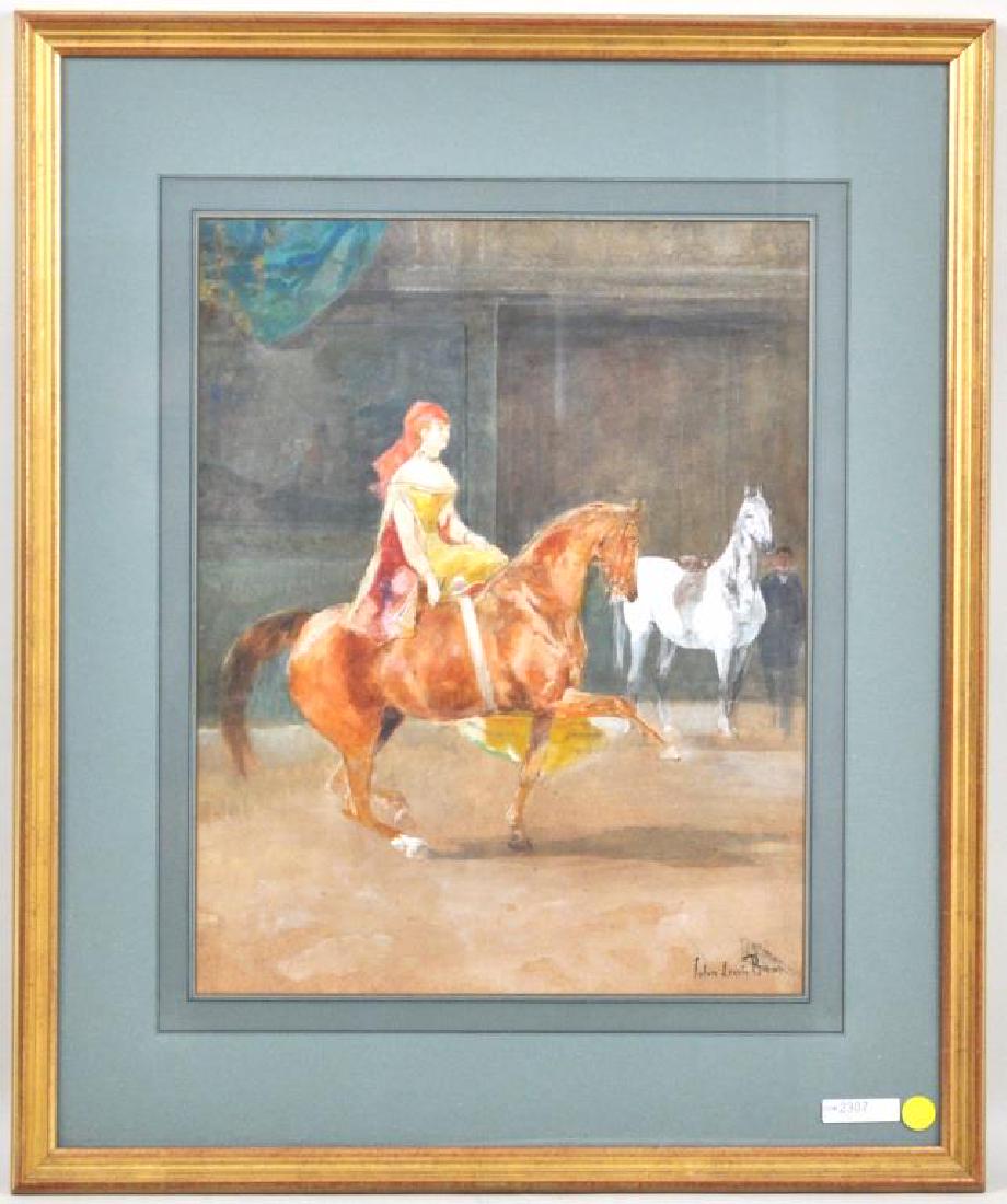 John Lewis Brown, W/C Equestrian Scene: (English, 1829-1980), depicting a woman riding sidesaddle, exposition information verso, signed. Framed, not examined out of frame. Restoration upper left corner. Frame size: 26 1/2" high, 22" wide. P