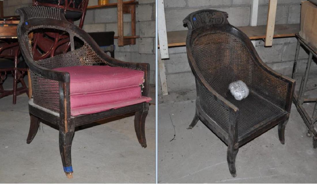 Two Continental Caned Gondola Chairs: Largest: 35" high, 21 1/2" wide, 22" deep. Some breaks, losses, loose joints, as is. Provenance: Property of a NJ Private Collector.