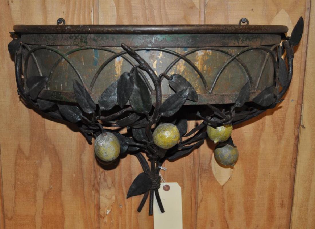 Wrought Iron Lemon Branch Form Wall Planter: painted in natural shades of yellow and green, removable insert. Paint wear, loss, rust, pitting. 14 1/2" high, 19 1/2" wide, 10" deep. Provenance: Property of a NJ Private Collector.
