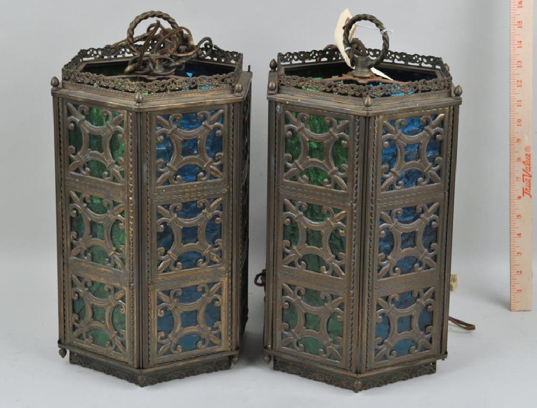 Pair Gothic Revival Brass Hanging Lamps (1 of 5)