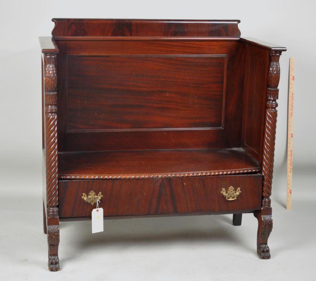 Anglo Indian Carved Mahogany Bench: with lower drawer on paw feet. Finish wear, a few small frame nicks. 45 1/2" high, 45" wide, 20 1/2" deep. Provenance: Property of a CT Private Collector.