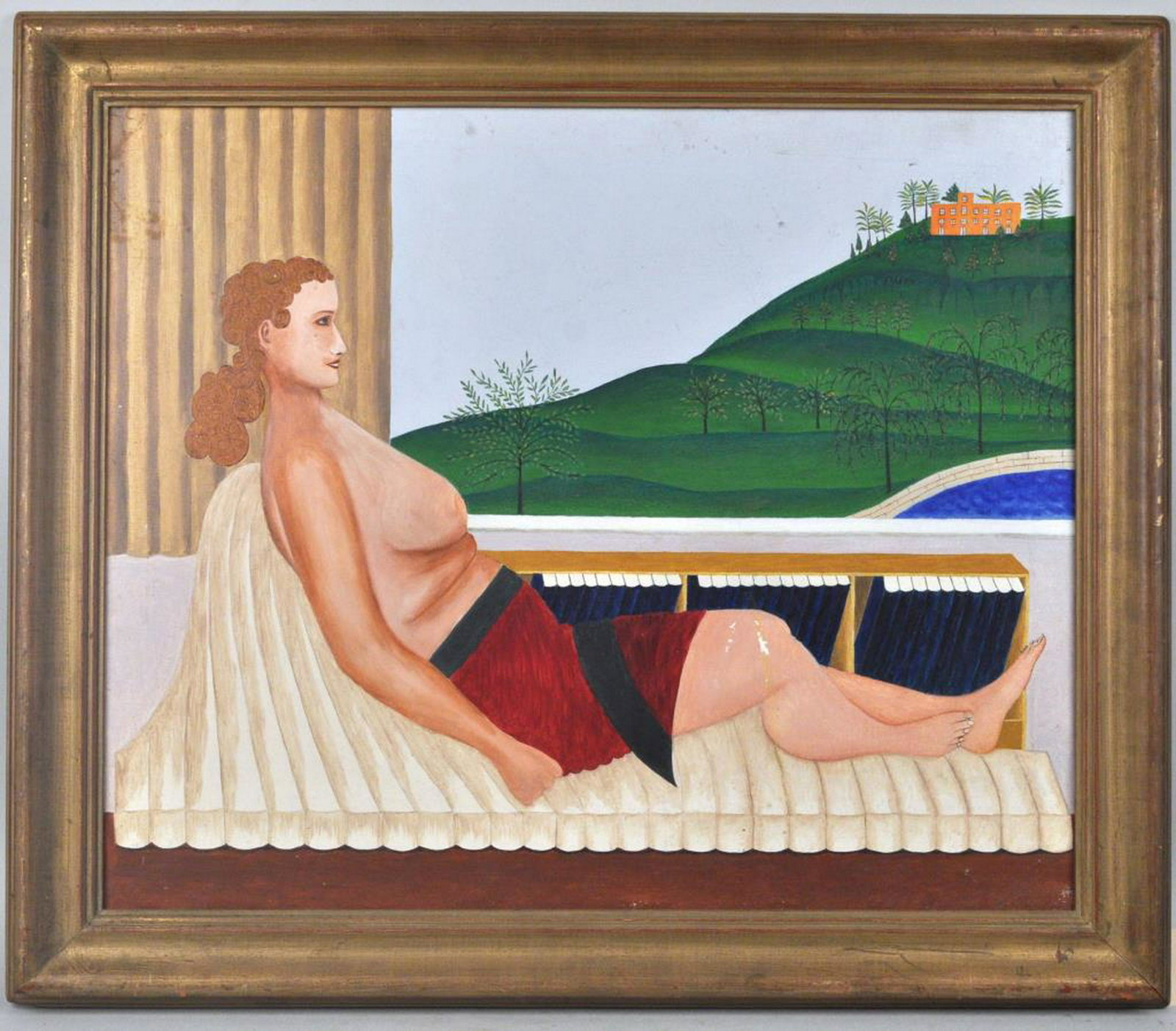 Naive O/C Woman Reclining At Window: framed folk art/primitive style oil on canvas depicting a woman reclining in front of a window dressed in waist high wrap. Sight: 24" high, 29 1/2" wide. In a gilt frame, not removed from frame. Some 
