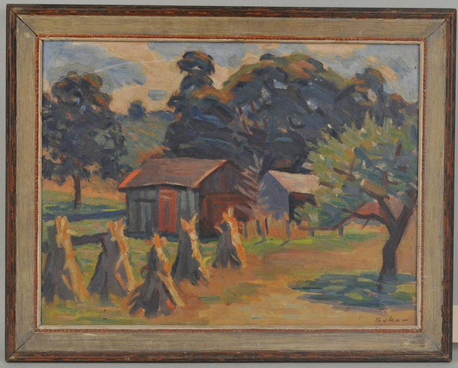 S. Baker O/C "A Greenwich Farm - 1947": Samuel Burtis Baker (Am. 1882-1967) an impressionistic oil on canvas of a barnyard scene, titled on stretcher "A Greenwich Farm - 1947", framed, sight size: 17 1/2" high, 23 1/2" wide. Signed lower ri