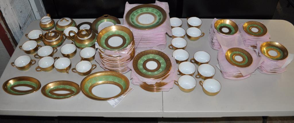 Sevres Porcelain "Royal China" Dinner Service: for twelve, pattern #R6L10, with gold plated rim band and verge, backs with gold seal "Royal China", comprising 12 dinner plates, 12 salad plates, 12 small bread plates, 12 small fruit bowls, 15 soup 