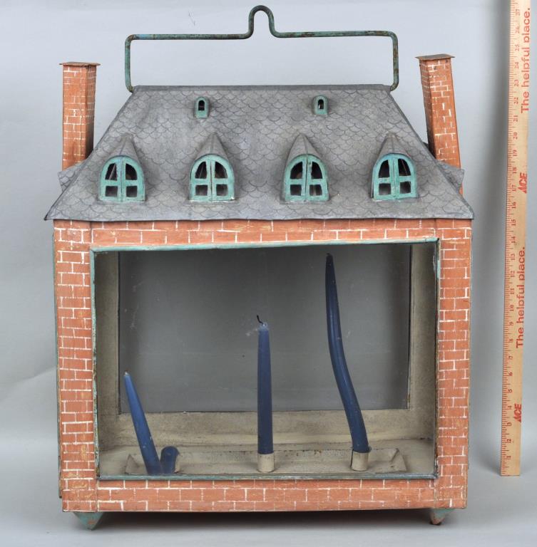 French Tole Three Lite Mansion Lantern: 25" high, 20" wide, 12" deep. Slight rust and wear, one chimney slightly bent.