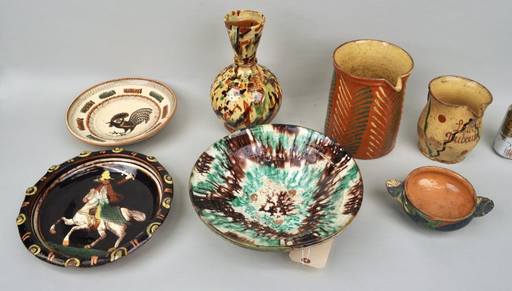 Group Seven French Multi-Colored Pottery Items: of varying forms, including a decorated pie plate with serrated edge and a large conical deep bowl. Bowl: 11 3/4" wide, 3 3/4" deep. Some with minor roughness, 1" long chip to rim of deep bowl. Proven