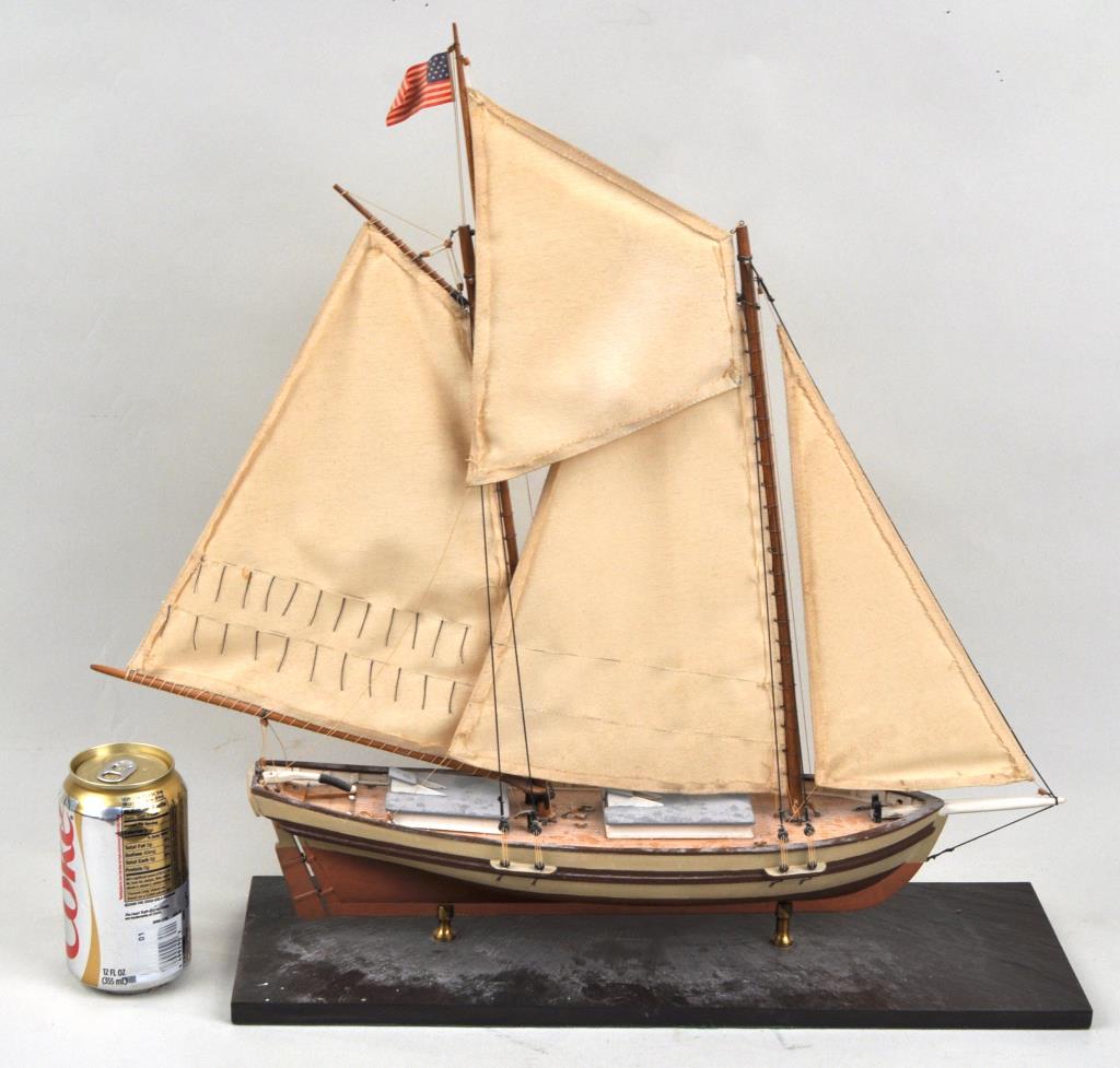 Ship Model: painted wood and canvas on a metal stand, unidentified vessel. 20" high, 18" wide, 6" deep. Provenance: Property of a New Haven County CT Estate.