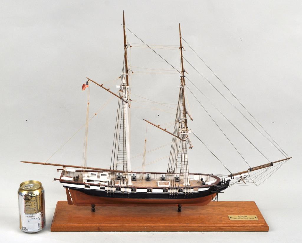 Ship Model "Boxer": painted wood on wood stand with plaque, "Boxer, Charleston 1831." 22" high, 22" wide, 5 1/2" deep. Provenance: Property of a New Haven County CT Estate.