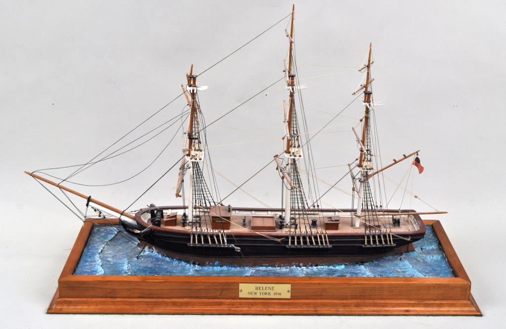 Ship Model "Helene": painted wood on naturalistic stand with brass plaque "Helene New York 1841." 18" high, 25" wide. 9" deep. Provenance: Property of a New Haven County CT Estate.