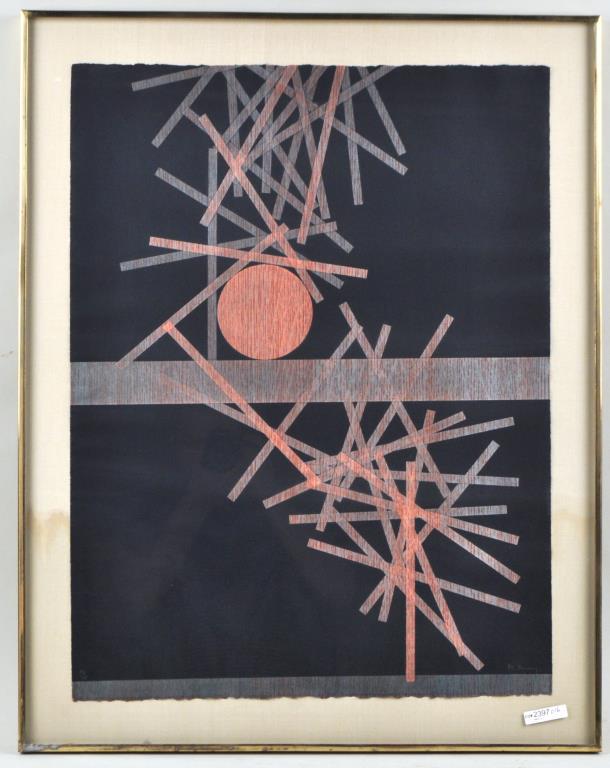Pol Bury, Colored Litho "40 Barres/2 Traverses": (Belgian, 1922-2005), framed, signed, numbered in pencil "23/75", not examined out of frame. Frame size: 30 1/4" high, 24" wide.