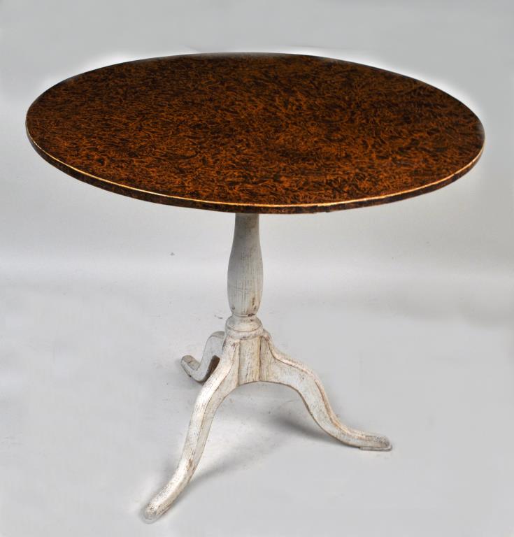 New England Paint Decorated Tilt Top Tea Table: with faux burl painted top on a white painted tripod base with snake feet. 32" high, 35" diameter. Repair to leg.