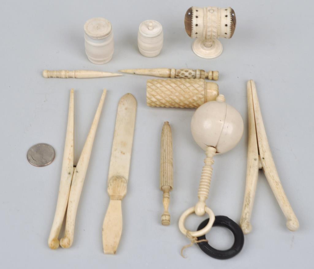 Group Sailor Made & Other Small Tools: including two glove stretchers, page turner, celluloid rattle, pincushion and miniature umbrella. Largest: 6 1/2" high, 1 1/4" wide. Use wear, soiling. Provenance: Property of a New Haven County CT Es