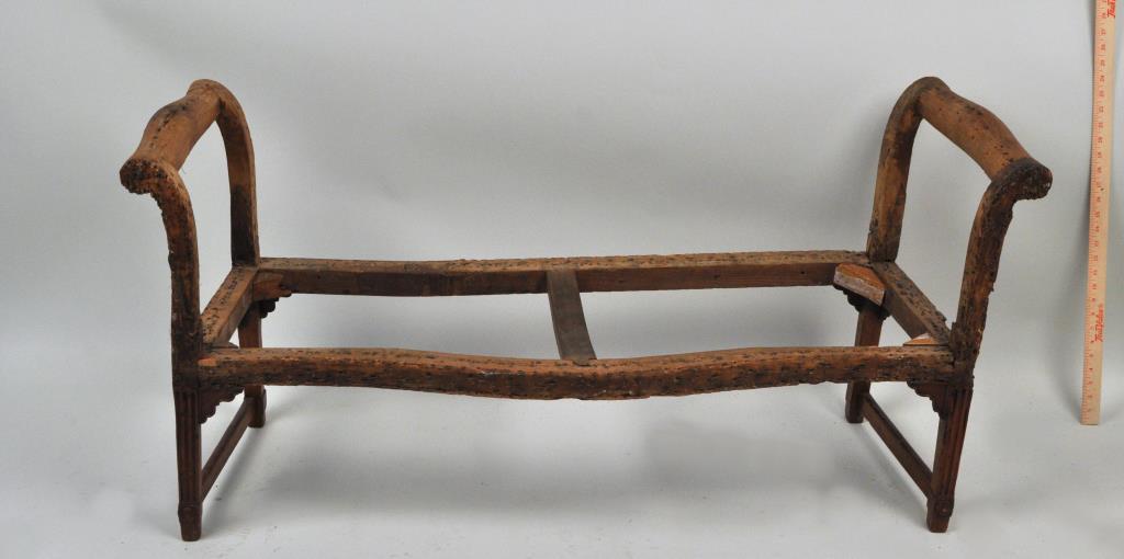 George III Carved Window Bench: replaced glue blocks, repair to frame, crack to side, lacking upholstery. 24" high, 49" wide, 17" deep.