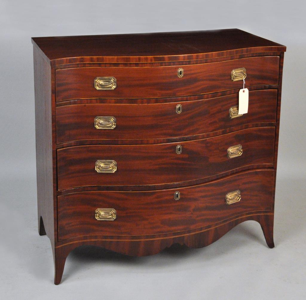 Federal Inlaid Mahogany Serpentine Chest: 33 1/2" high, 40" wide, 20 1/2" deep. Finish wear, loss, soiling, a few small old edge losses, a few small stains.