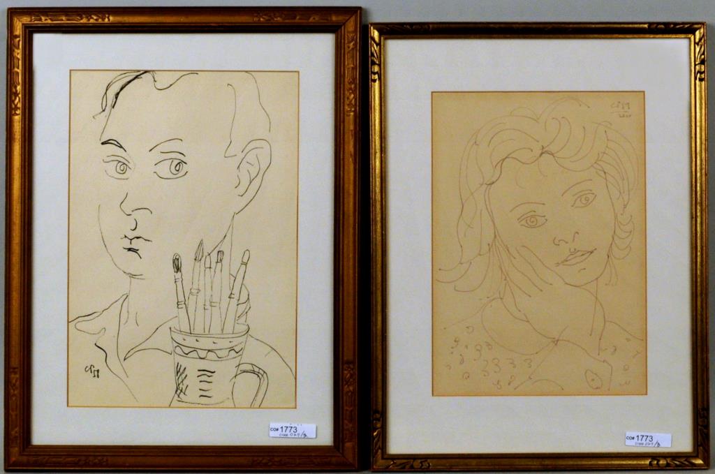 Corneliu Petrescu Two Portraits, Ink on Paper: (Romanian, 1925-2009), two portraits, pen and ink on paper comprising "Portrait of a Woman" monogrammed, dated upper right " '59", and "Self Portrait" monogrammed, dated lower left " '58". Framed, not