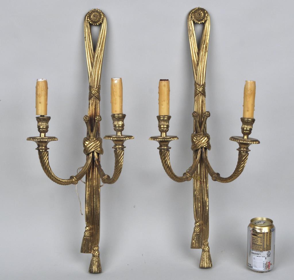 Pair French Bronze Neoclassical Wall Sconces: 25" long, 10" wide, 7" deep.