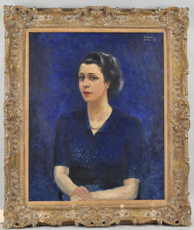 Paul Colin, Portrait of Madame Flore Lesieur, O/C: (French, 1892-1985), half length portrait of the wife of Henri Lesieur (Air France), signed upper right, the carved frame labeled D. Matt. Frame: 40" high, 34" wide.