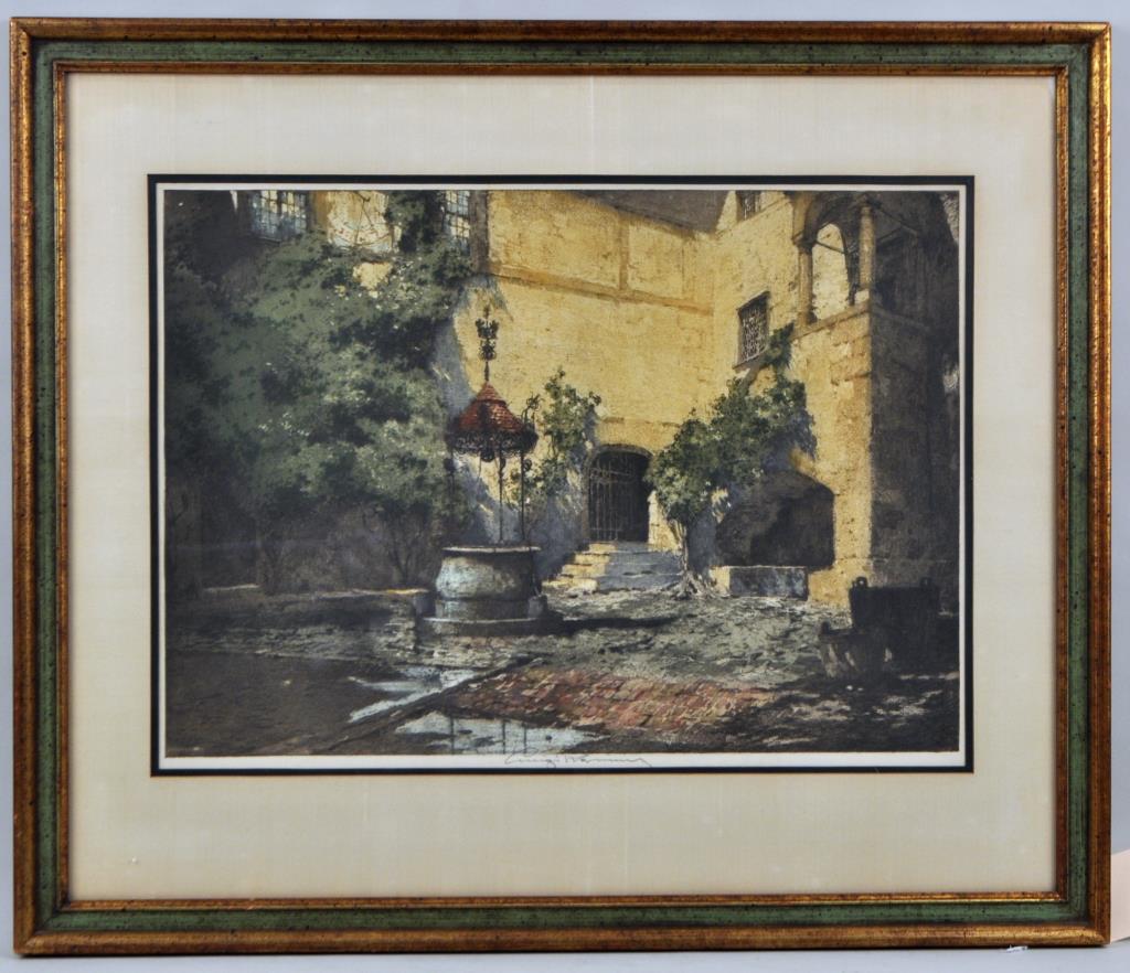 Luigi Kasimir, "Seebenstein" Colored Etching: (1881-1962), Innenhof der Burg Seebenstein. Signed inpencil lower margin, titled and dated 1915 in the plate. Frame: 26" high, 30 1/2" wide. Not examined out of frame.
