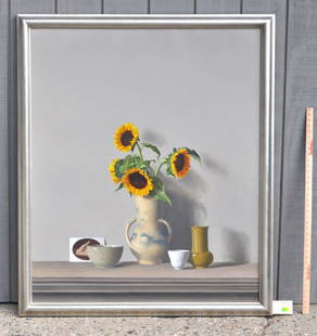 Raymond Han, O/C "Sunflowers w/Assorted Pottery": (Hawaiian, b. 1931), signed, dated "1996" on stretcher verso. Frame size: 52 3/4" high, 44 1/4" wide.