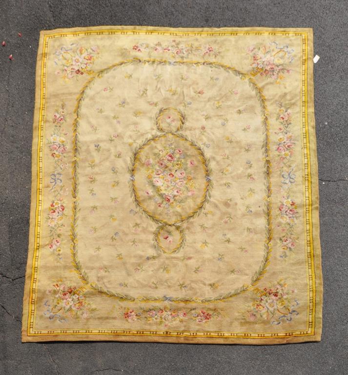 Aubusson Style Wool Pile Rug: 18' 2" long, 12' 1/2" wide. Soiling, stains, fading, odor, a few splits. All rugs sold as is.