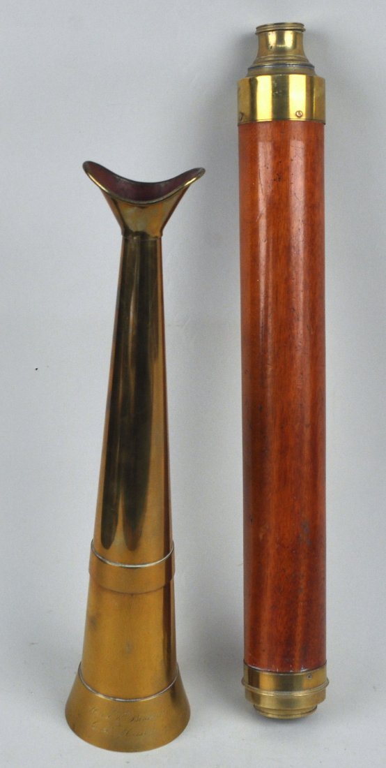 Brass Naval Bullhorn & Brass Bound Telescope: the bullhorn engraved \"From Mrs. S.H. Bowman to G.P. Mason\", length 16\", the telescope with mahogany frame, 34 1/2\" long extended. Provenance: Property of a New Haven County CT Estate.
