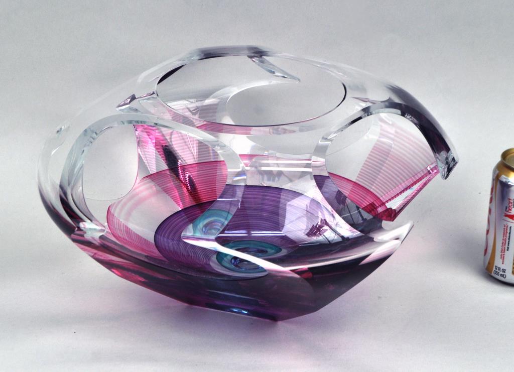 Signed Modern Glass Bowl Sculpture: by Michael David & Kit Karbler. 8" high, 14" wide, 14" deep.
