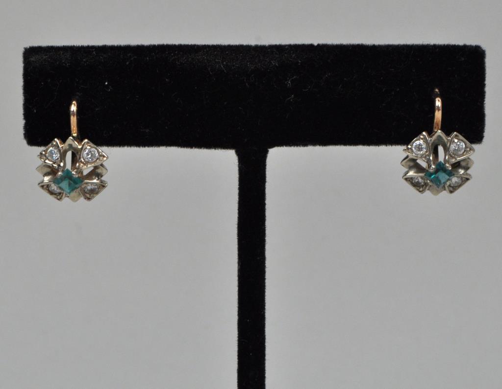 Pr. Russian Diamond/Emerald Maltese Cross Earrings: stamped "585" with maker's mark. 3/4" high, 3/8" wide. Gross weight: 2.24 DWT. *No credit card payments will be accepted for silver, gold, or jewelry from buyers that have not purchased from our galle