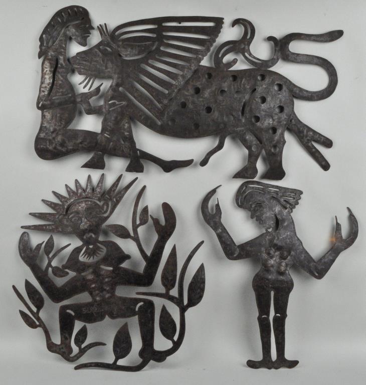 Group Three Haitian Folk Art Steel Cutouts: the largest signed "John Sylvestre," the two smaller signed "Serge Jolimeau." Largest: 21" high, 35 1/2" wide. Rust.