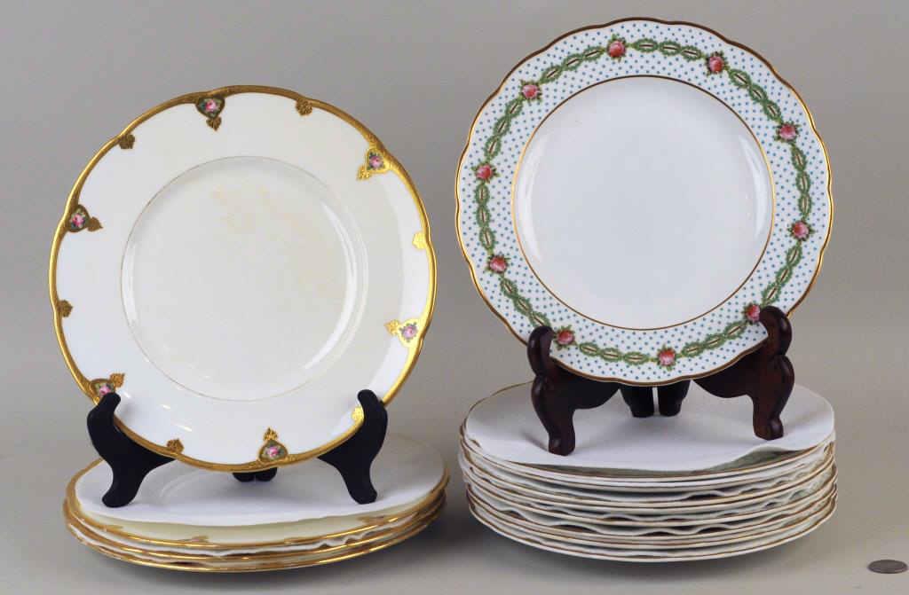 Group English Porcelain Plates: comprising nine English Crescent china luncheon plates together with four Minton dinner plates. Gilt, enamel wear, loss, stains, a few chips, three with cracks. Largest: 10 1/4" diameter.