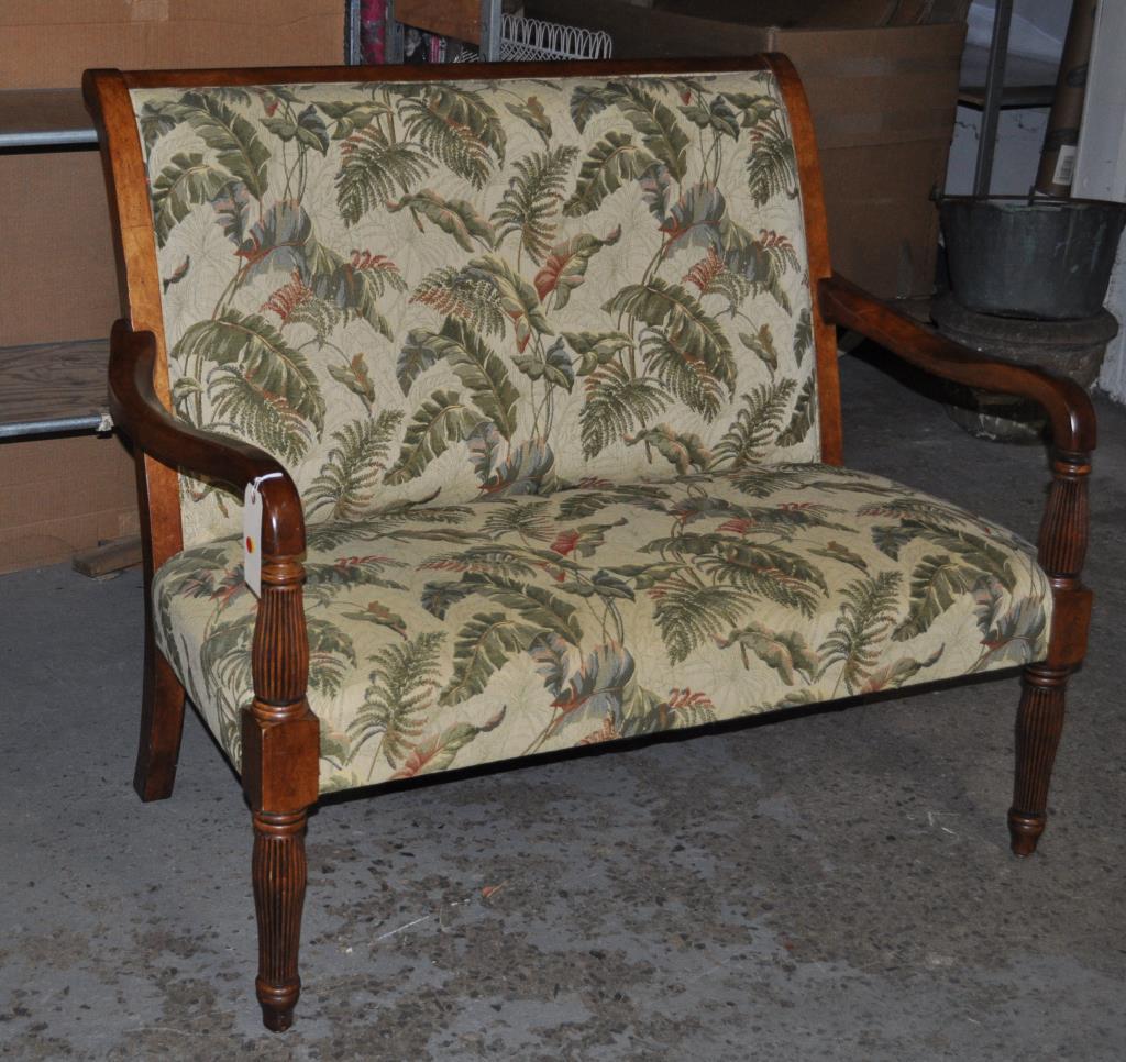 Sheraton Style High Back Upholstered Settee: in a foliate pattern woven fabric. 41 3/4" high, 48" wide, 20" deep. Slightly distressed to simulate age.