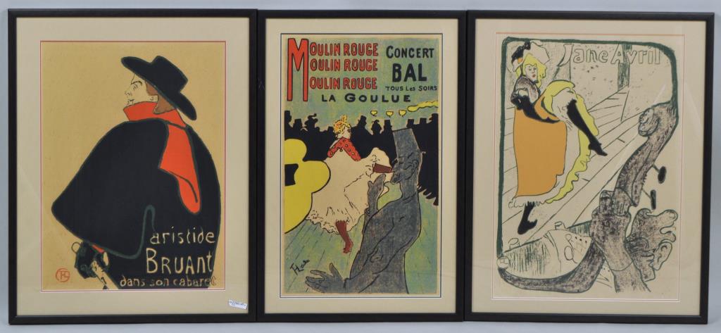 3 Henri De Toulouse Lautrec Reproduction Posters: framed, not examined out of frames. Largest: 29 1/4" high, 23" wide. Jane Avril with a couple light spots lower right corner. Provenance: Property of a New Haven County CT Estate.