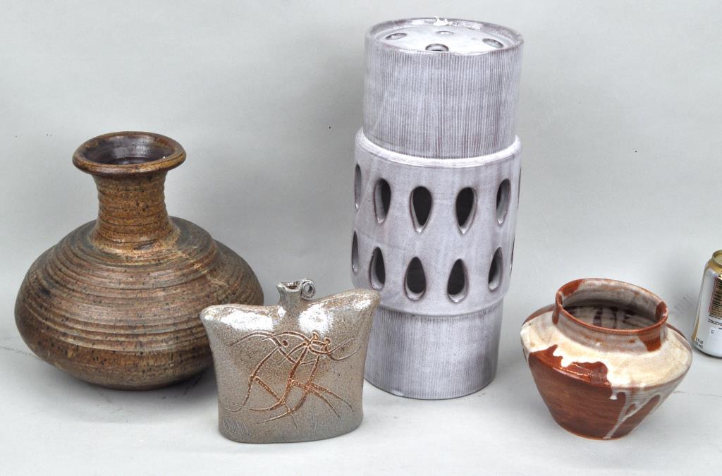 Group Four Modern Pottery Wares: the square vase signed "Lyons", the largest signed "Italy B." Largest: 15 1/4" high, 6 1/2" wide.