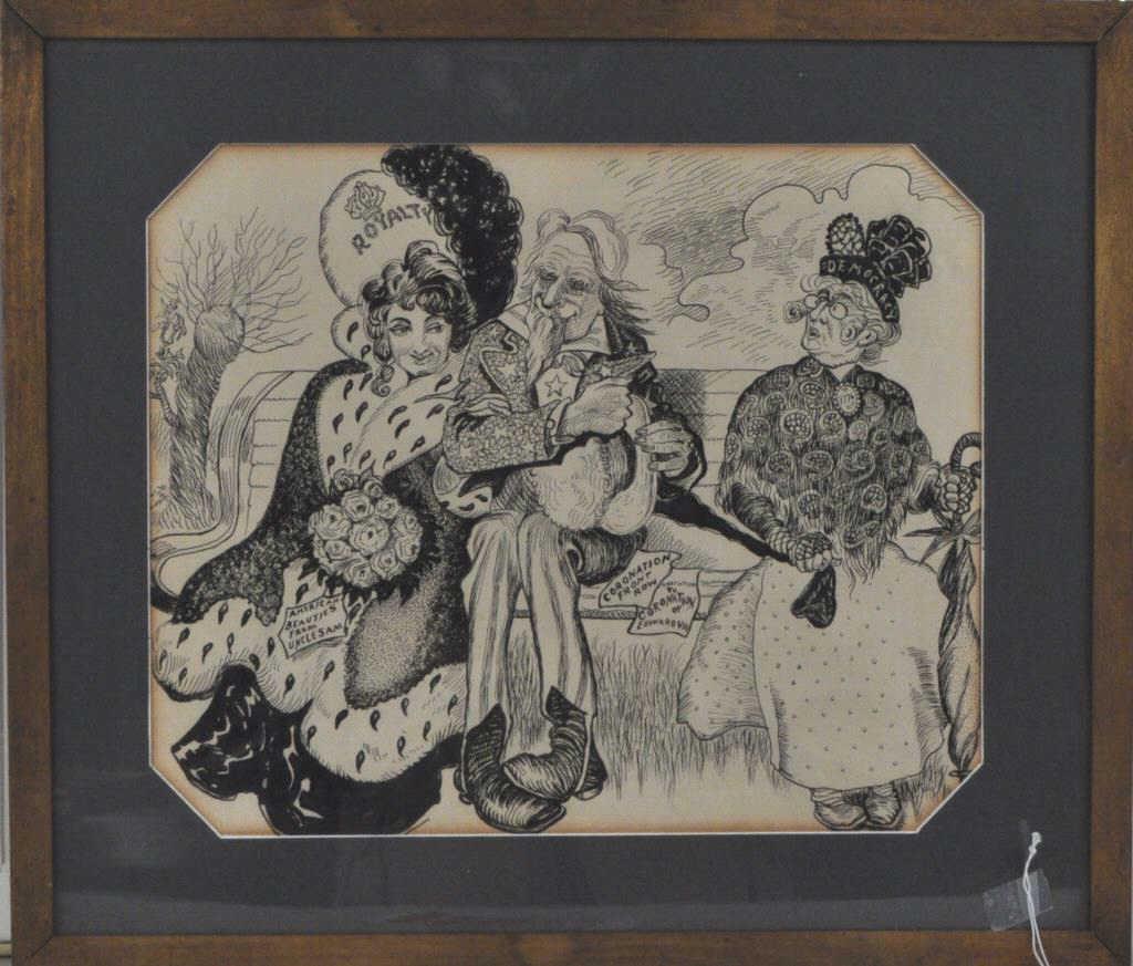 Political Cartoon, Pen & Ink: of "Uncle Sam' at coronation, framed under glass, not examined out of frame. Frame size: 17 1/4" high, 20 1/4" wide. Edge toning.