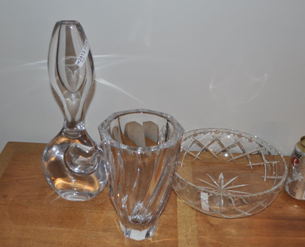 Two Crystal Vases & Bowl: comprising a Kosta and an Orrefors vase and English bowl. Largest: 13 1/2" high, 5" wide.