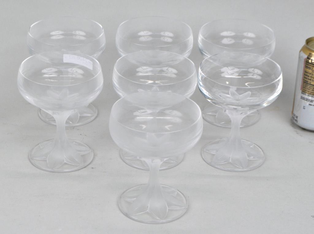 Seven Cartier Crystal Sherbet Glasses: with frosted foliate bases. 5" high, 4" wide.