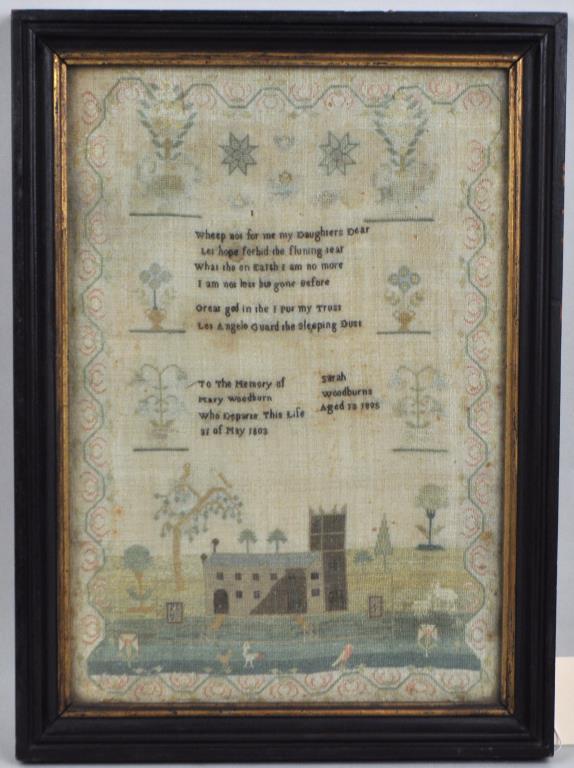 Framed 1805 Memento Mori Girls' Sampler: by Sarah Woodburns, not examined out of frame, hand written family tree verso. Frame size: 19" high, 13 3/4" wide. Stains, toning.