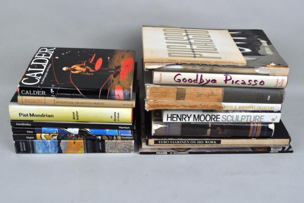 Group of Books on Modern Artists: including Calder, Mondrian, Picasso, and Henry Moore. 16 volumes, many folio. Largest: 16" high, 11 1/2" wide. Losses to some dust jackets, tears and light soiling.