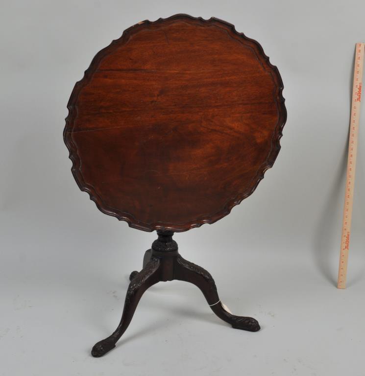 George III Carved Mahogany Pie Crust Tea Table: 27 1/2" high, 28 3/4" diameter. Finish wear, loss, marring to top, old scratches, lacking half of locking mechanism.