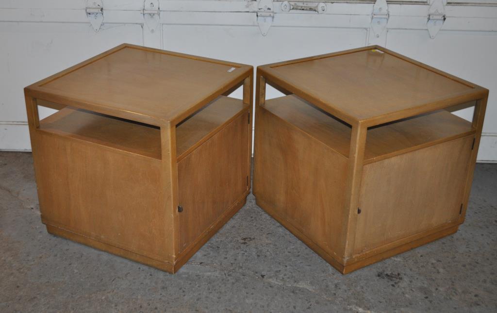 Pair Dunbar Bleached Walnut End Tables: each with open shelf and cabinet door. 23" high, 23" wide, 23" deep. Light wear and scuffs to edges and frame.