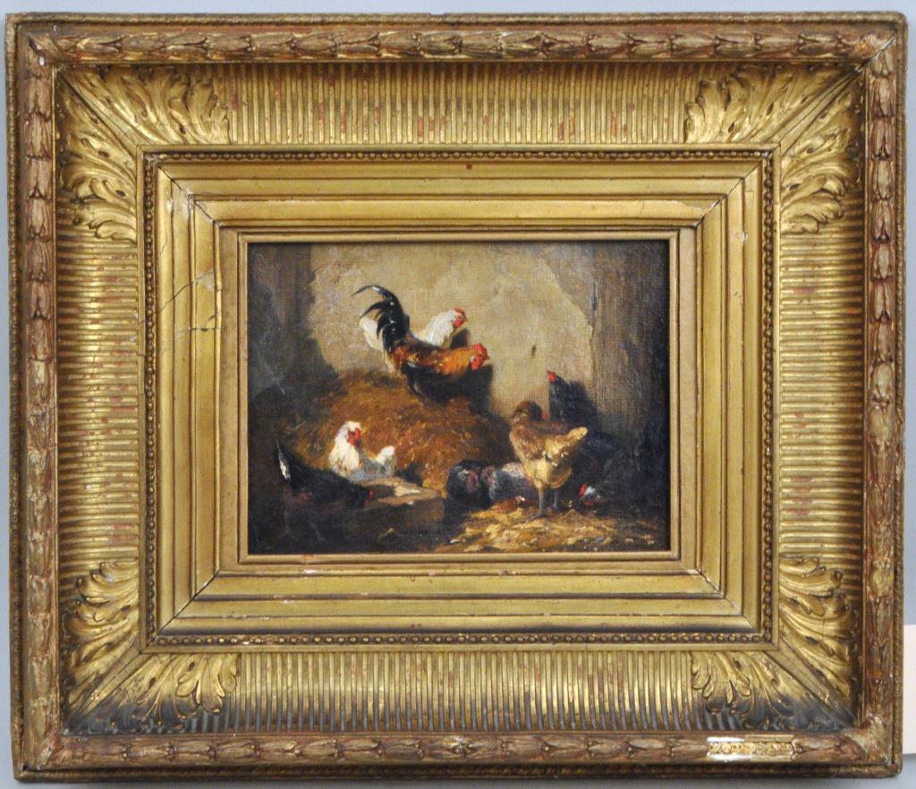 American School, Chickens & Hay, O/C: unsigned farm scene, later 19th/early 20th century. Frame size: 5 1/2" high, 7 1/2" wide sight; 14" high, 16" wide.
