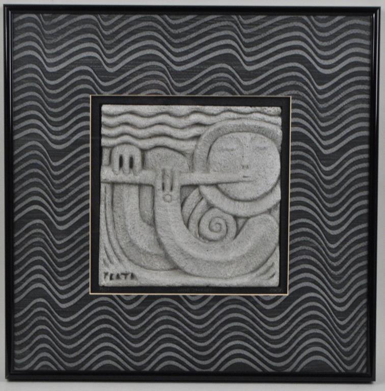 Ralph Prata, Framed Cement Sculpture: "Wind Journey," (American, 20th c.), 35/150, signed, not examined out of frame. Frame size: 20 /4" high, 20 1/4" wide. Item is heavy; take shipping costs into consideration when bidding.