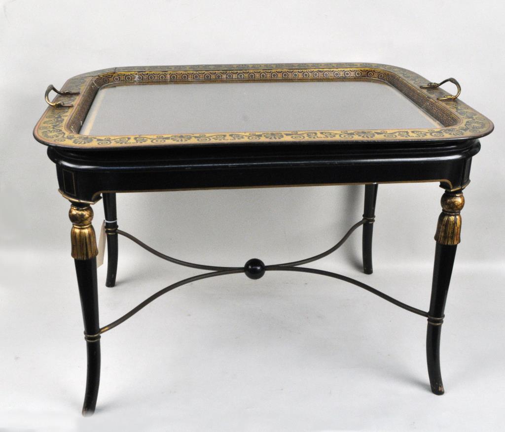 Regency Gilt & Decorated Tray/Stand: Papier mache, neoclassical motif in black and gold with interesting brass handles, later stand. 21" high, 30" wide, 22" deep. Craquelure, expected wear, two cracks to tray edge at one corner. Later ir