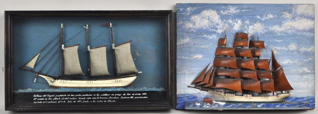 Two Vintage Carved Ship Dioramas: one flat mounted on board with inscription and dated 1941, the other in a diorama frame with glass. Largest: 11 3/4" high, 19 3/4" wide, 2 3/4" deep. Provenance: Property of a New Haven County CT Esta