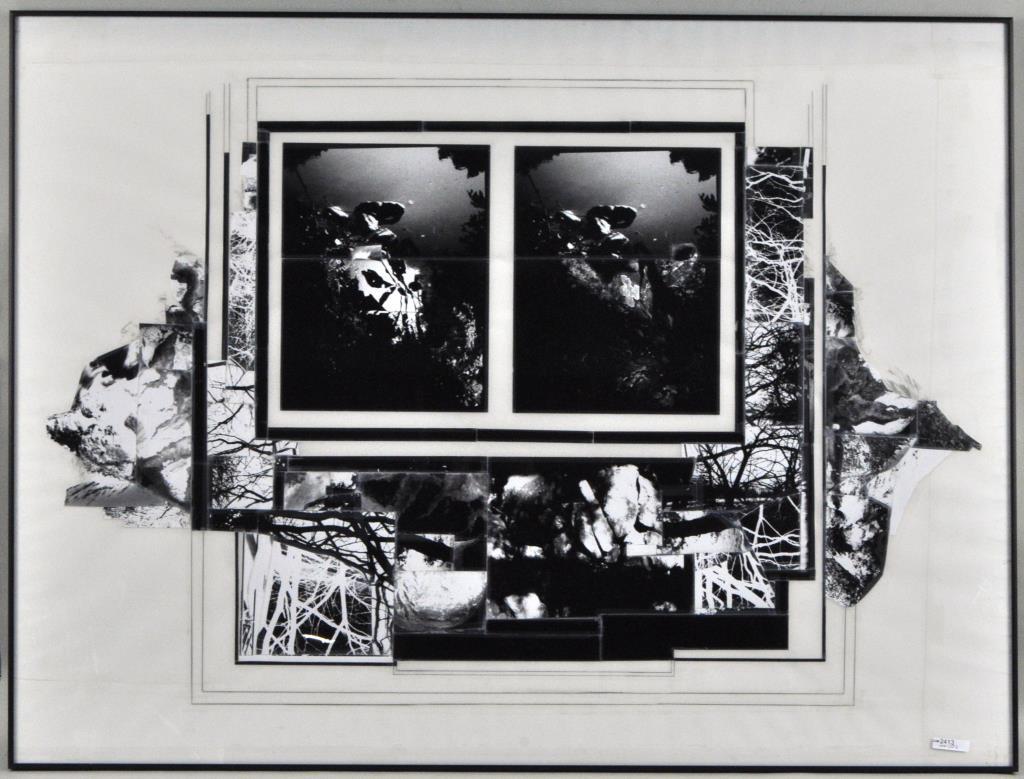 Framed B/W Modern Photo Collage: composed of landscape views, unsigned, not examined out of frame. Frame size: 36 1/2" high, 48 1/2" wide.